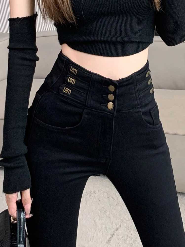 Black women's high-waisted thick fleece warm wool women's jeanWomen's clothing jeans C251110