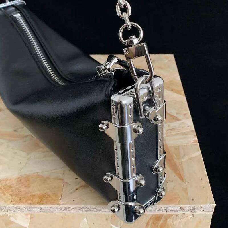 Genuine Leather Small Box Bags For Women Luxury Designer Handbags Purses 2025 New In Cowhide Lock Rivet Chain Underarm Shoulder