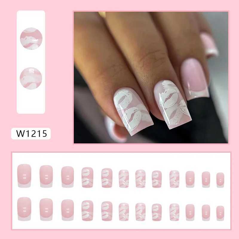 24 pieces of white lips pressed on nails pink gradient fake nails smooth artificial fingers reusable female fake nails W250410