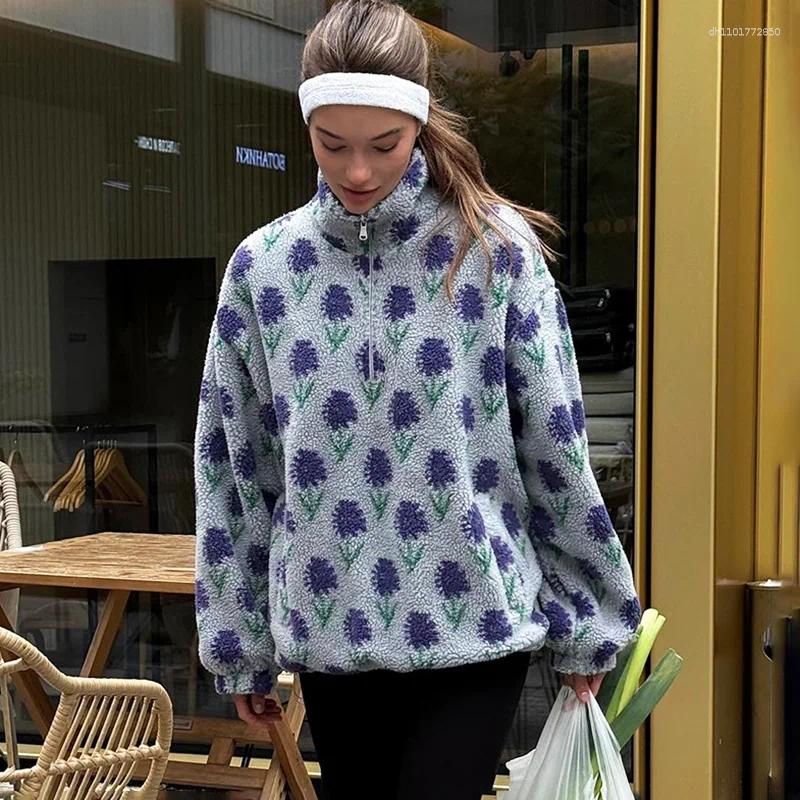 Women's Hoodies Ticketsx Women Printed Lamb Fur Vintage Fashion Floral Contrast Loose Pullover Fall Winter Casual Street Office