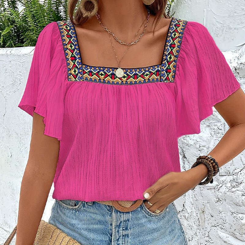 Cross-Border Foreign Trade European and American Summer Vacation Lace Embroidery Square Neck Shirt Pullover Ruffle Short Sleeve Backless Blouse Women&