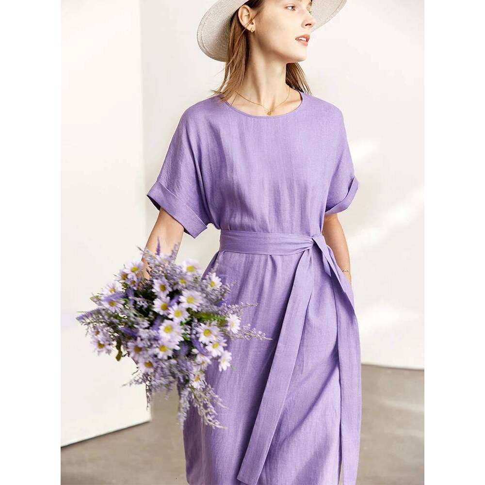 AMII Minimalist Women Dress 2023 Summer New 100% Linen Niche Fashion Artistic Temperament O-Neck Dresses Vestidos 12342278