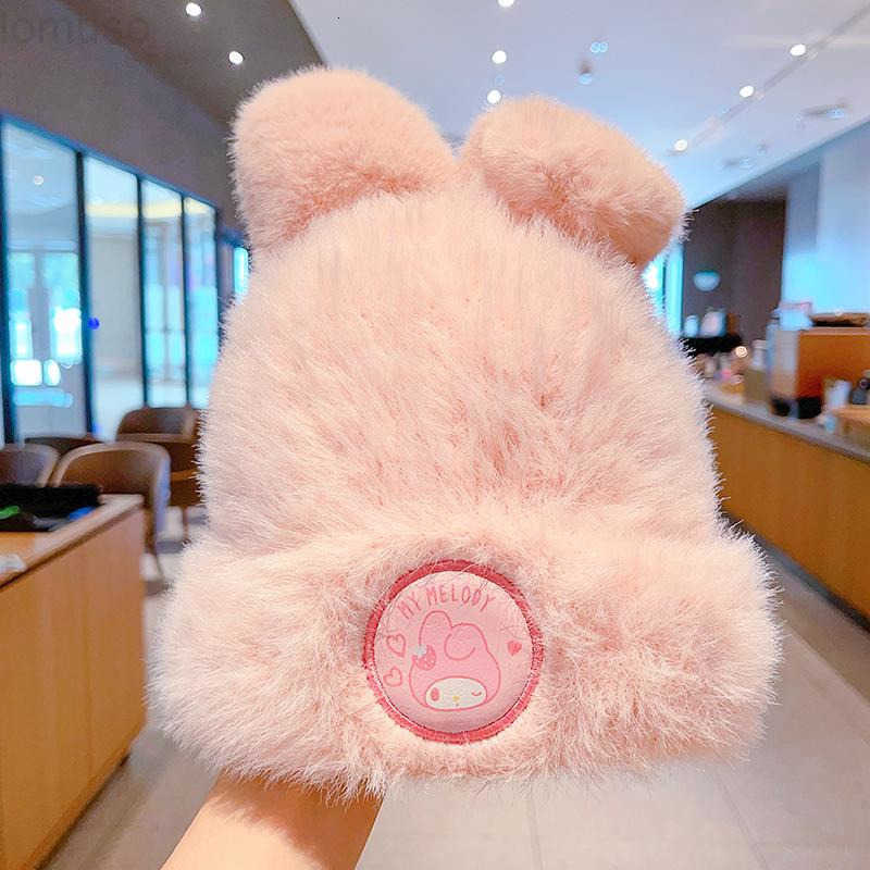Sanrio New Stylish Plush Hat for Children Winter Cute Kuromi Warm Hat for Girls Fleece-Lined Cold-Proof Hat H251110
