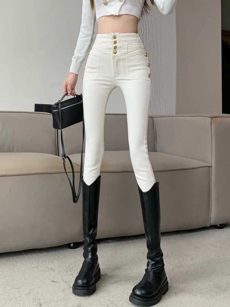 Winter Autumn Fleece New fashion jeans Women Single Breasted Decoration high Waist Black Elastic Slim Casual Pencil Pants C251110