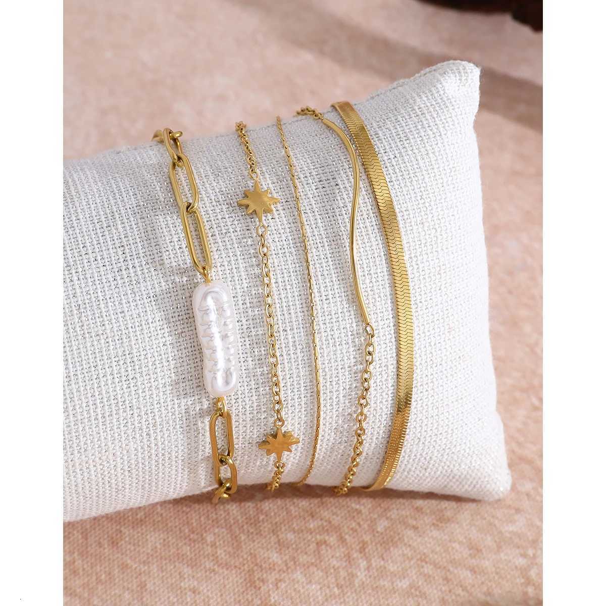 YACHAN Stainless Steel Layered Bracelet for Women Irregular Baroque Pearl 18K Gold Plated Trendy Waterproof JewelryT251110