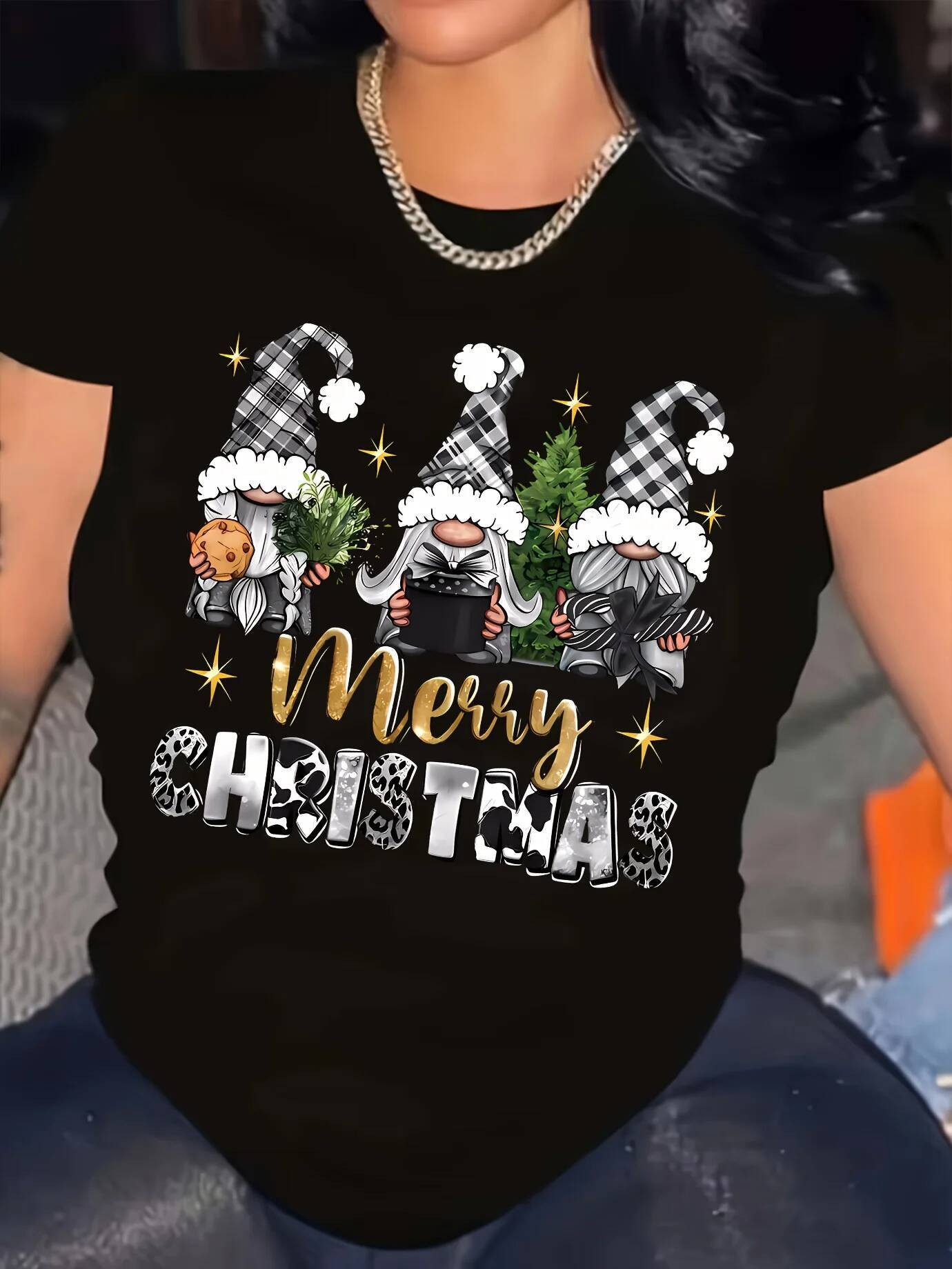 Ddmytues Christmas Women's Red T-Shirt Merry Lettering Black T-Shirt Top With White Gnome Women