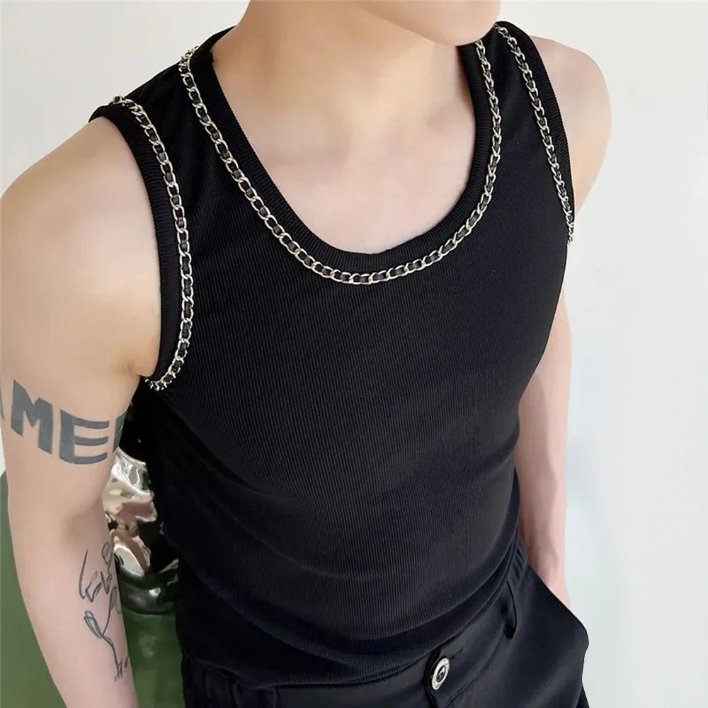 Mens Y2K chain tight fitting vest unisex style street top personalized casual sexy nightclub versatile vest unisex 250408