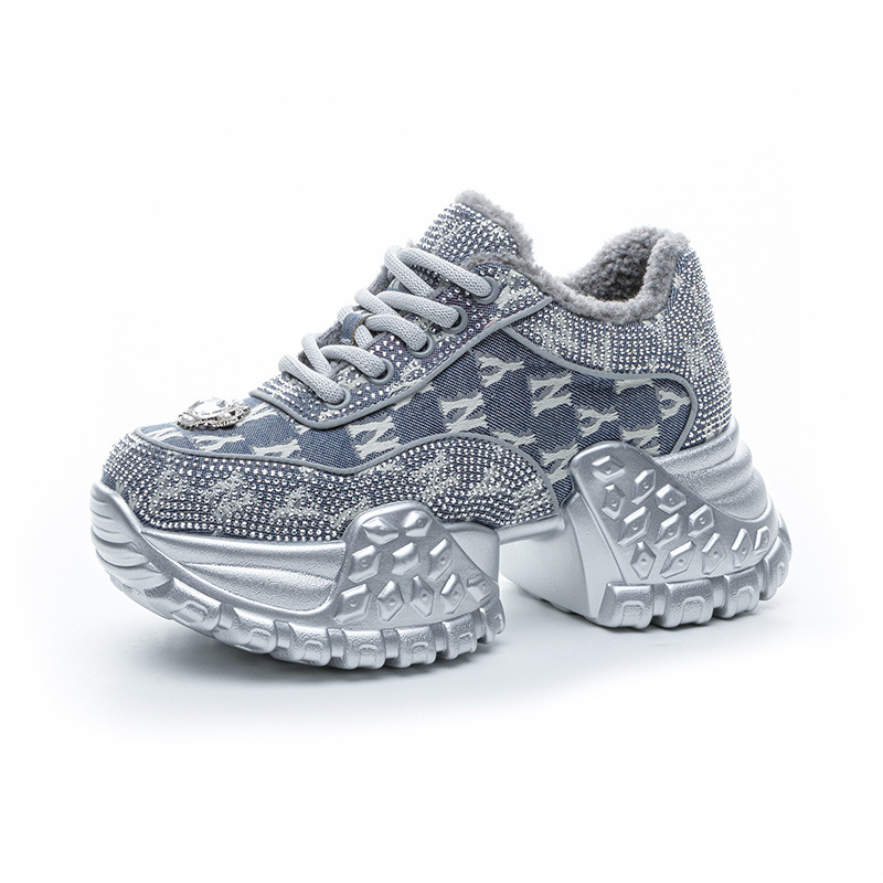 Women's platform booster shoes rhinestone denim boom fashion street shot casual sneakers 2025
