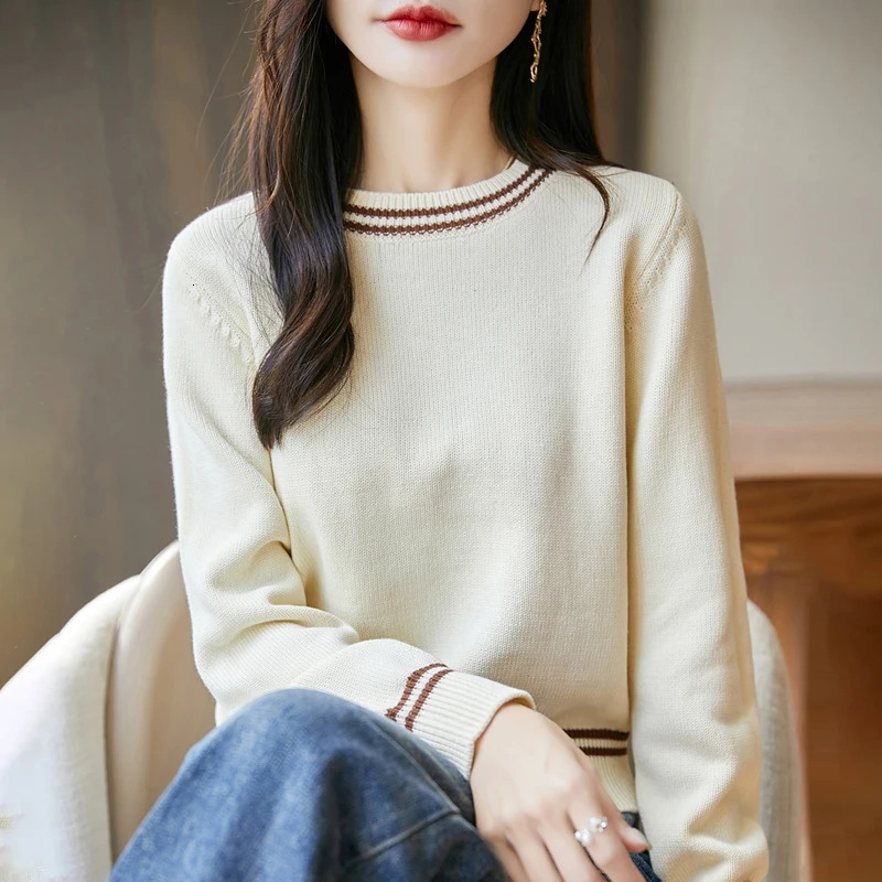 Autumn and winter womens 100 pure cotton sweater casual O-neck knitted pullover loose color matching selling womens top 251105