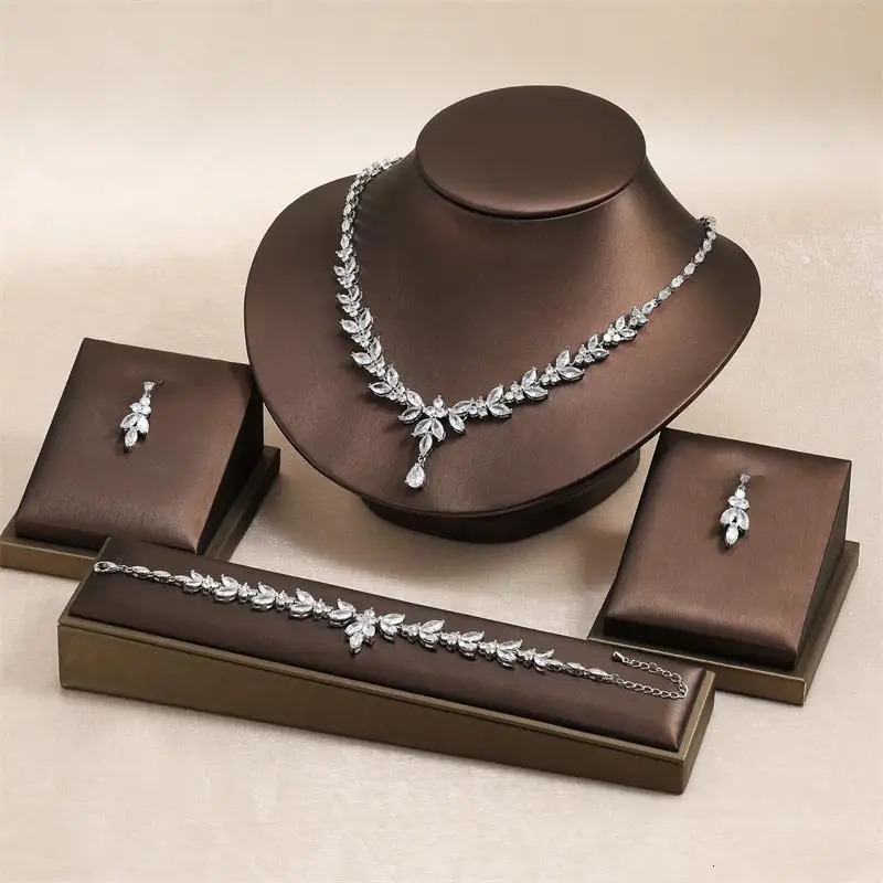 RAKOL Necklace Earring Set For Women Zircon Flower Leaf Fashion Bridal Wedding Party Charm Jewelry Set 250409