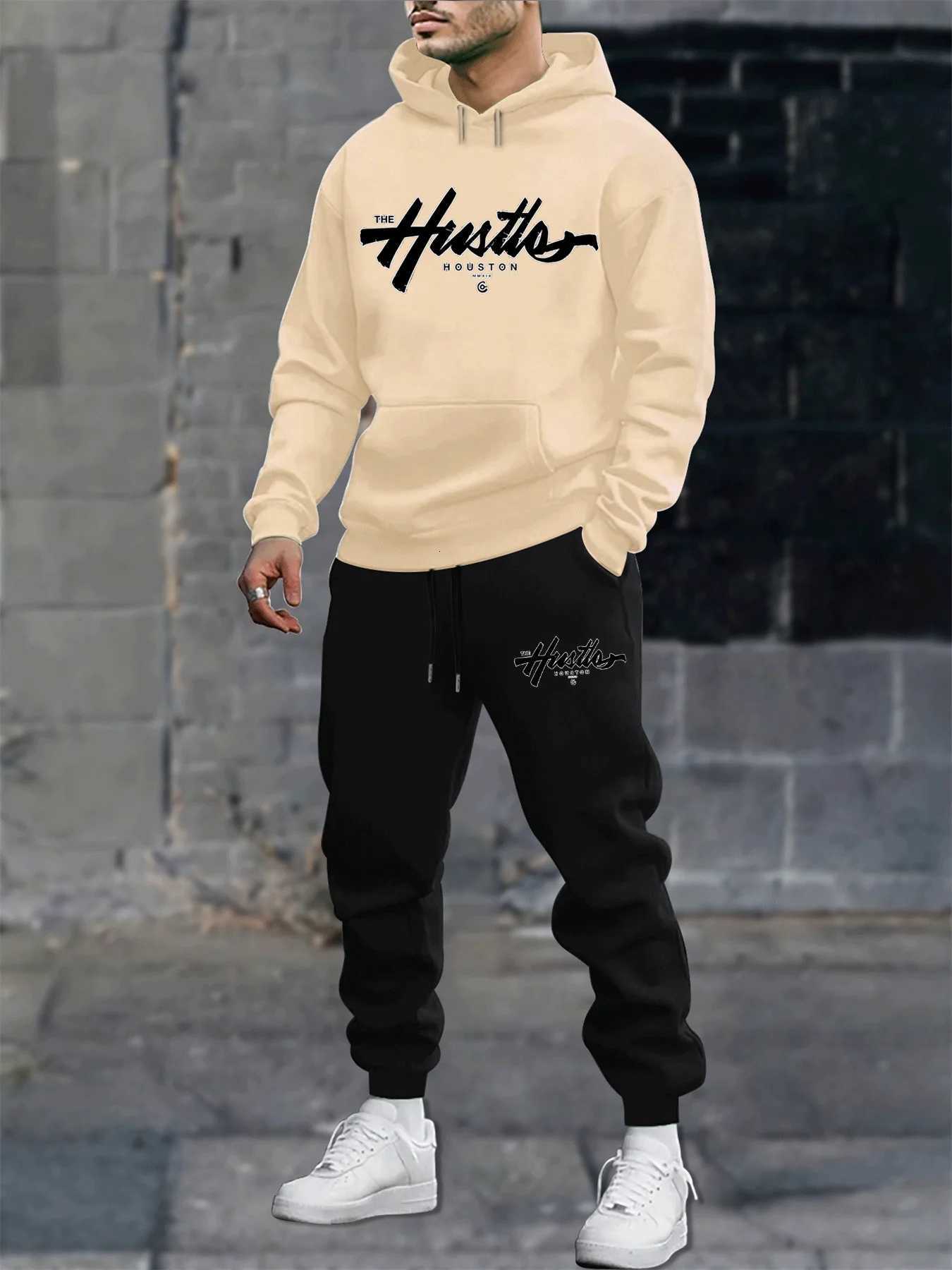 Mens autumn and winter casual fashion warm Houston letter printed loose plush thick hooded sweatshirtsweatpants set W251110