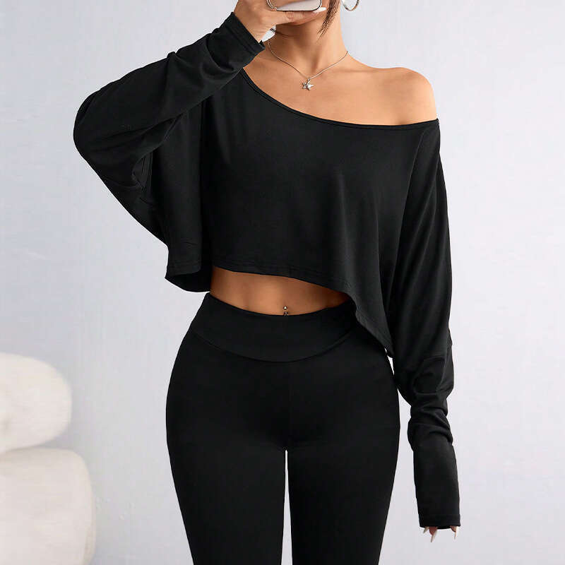 2025 Autumn New Cross-Border Amazon Foreign Trade European and American Style Asymmetrical Long Sleeve T-Shirt Short Off-Shoulder Loose Top for Women
