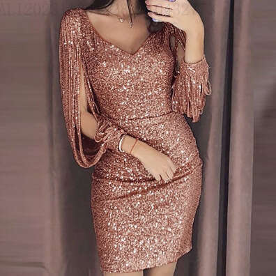 New V-neck Sequin Tassel Long Sleeve Slim SEXY DRESSES FOR WOMEN Bodycon Night club maxi dress
