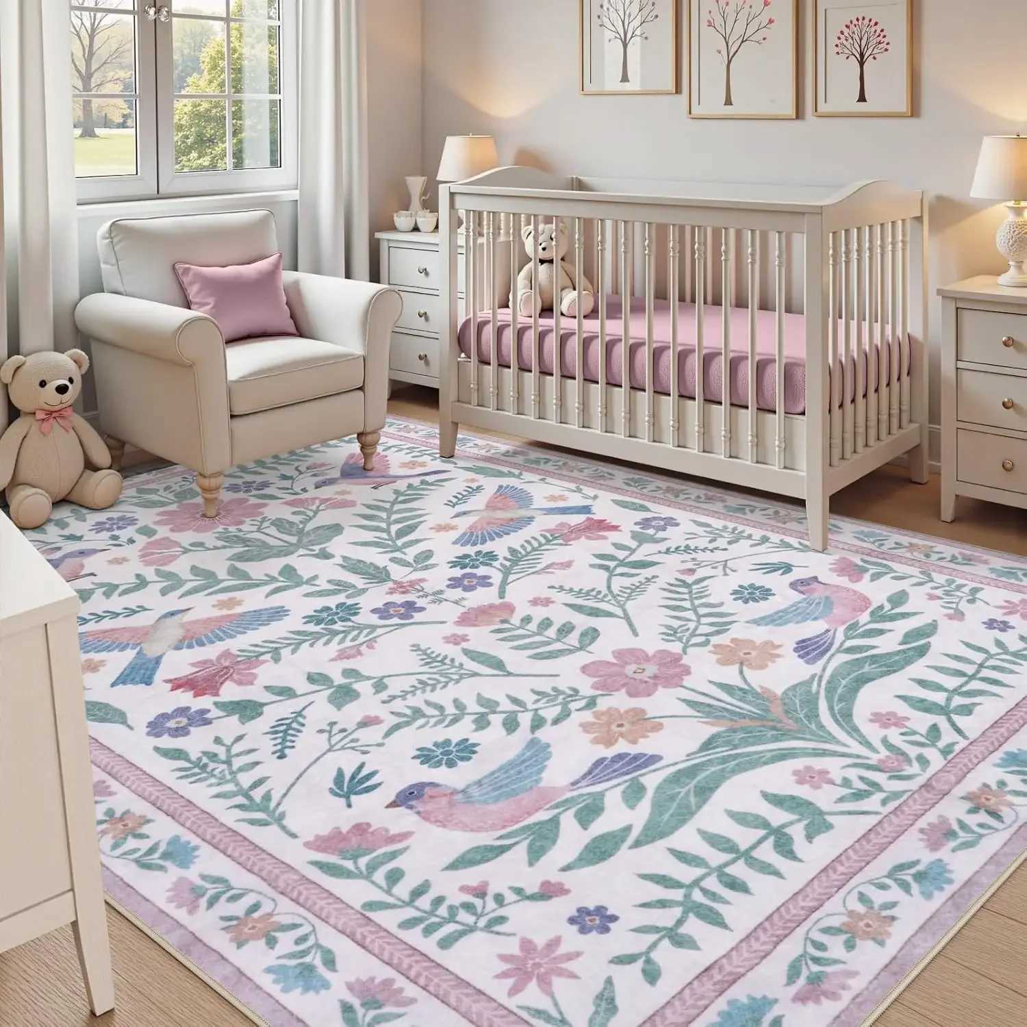 Elegant Boho Purple Floral Bird-printed Carpet HOME Decor Living Room Sofa Rug Bedroom Bedside Soft Rug Kitchen Dining Floormat Y251110