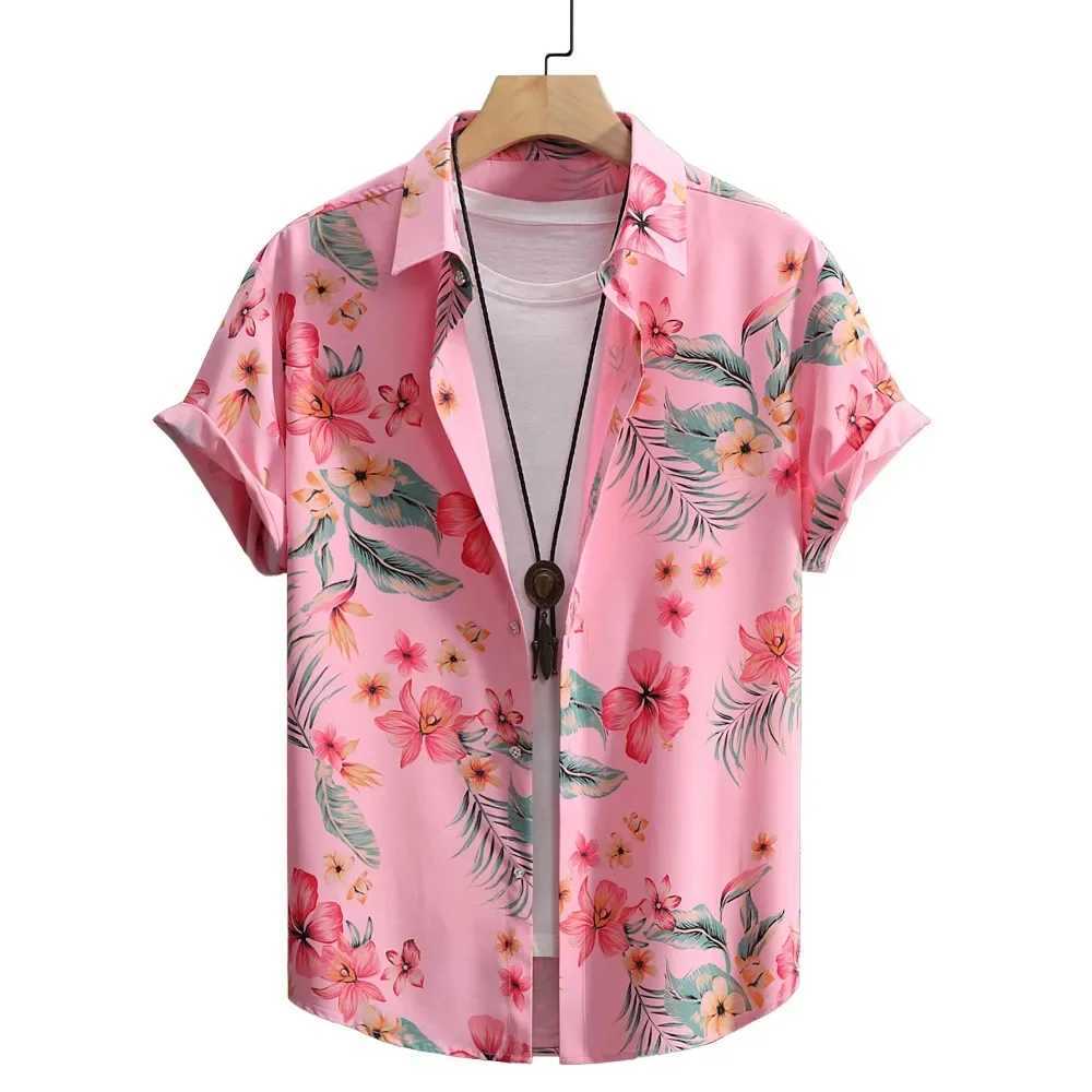 Mens short sleeved pink floral button top casual short sleeved button top beach shirt Hawaiian style shirt X250410