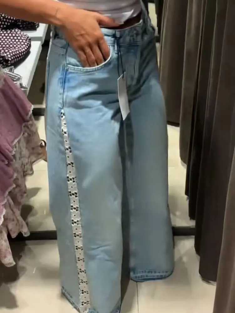 HH Women Fashion Side Lace Hollow Out Patchwork Jeans High Waist Wide Leg Denim Pants Autumn High Street Lady Trouser Jeans C251110