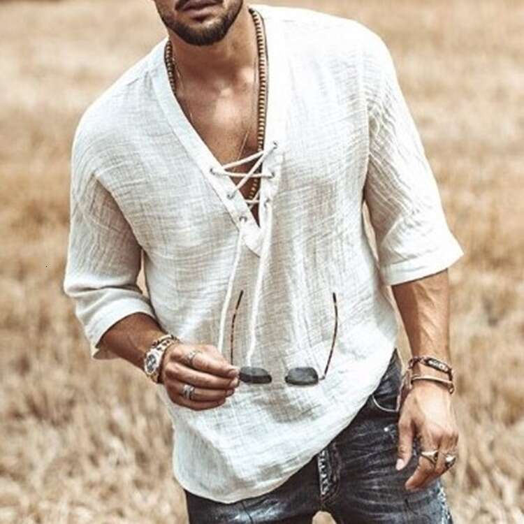 2025 New European and American Style Wish Amazon Hot Men's Chest Tie Eyelet Short Sleeve T-Shirt Shirt