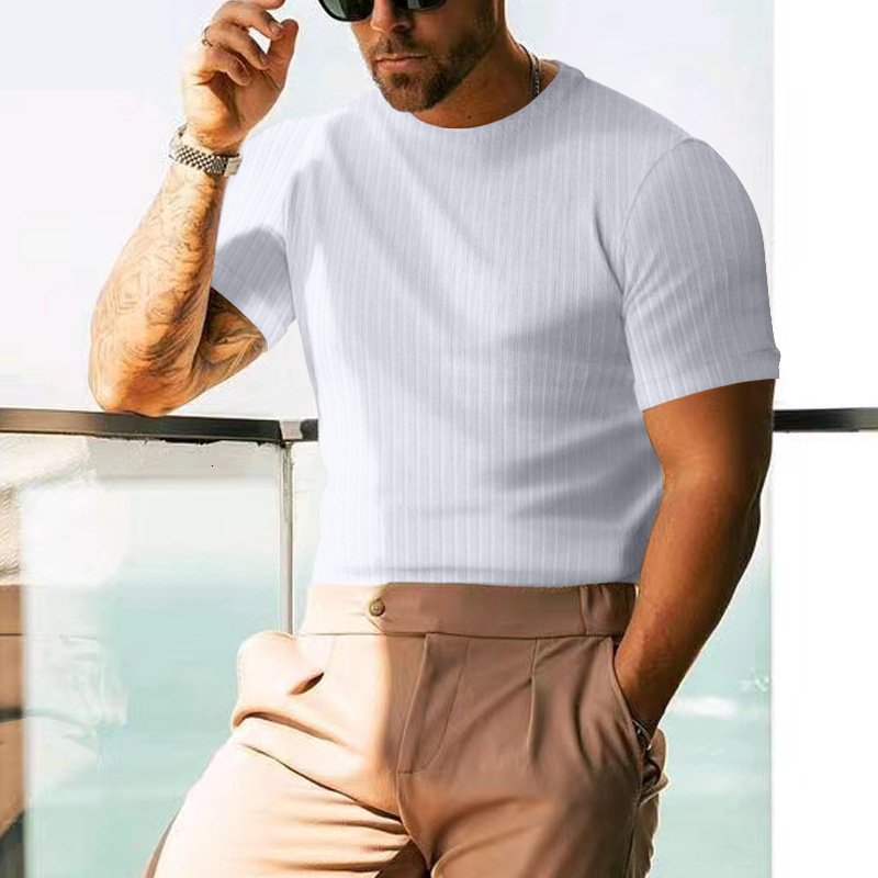 Tem 2025 Summer Mens Short Sleeve T-shirt Solid Color Casual Stripe Round Neck Slimming Henley Shirt