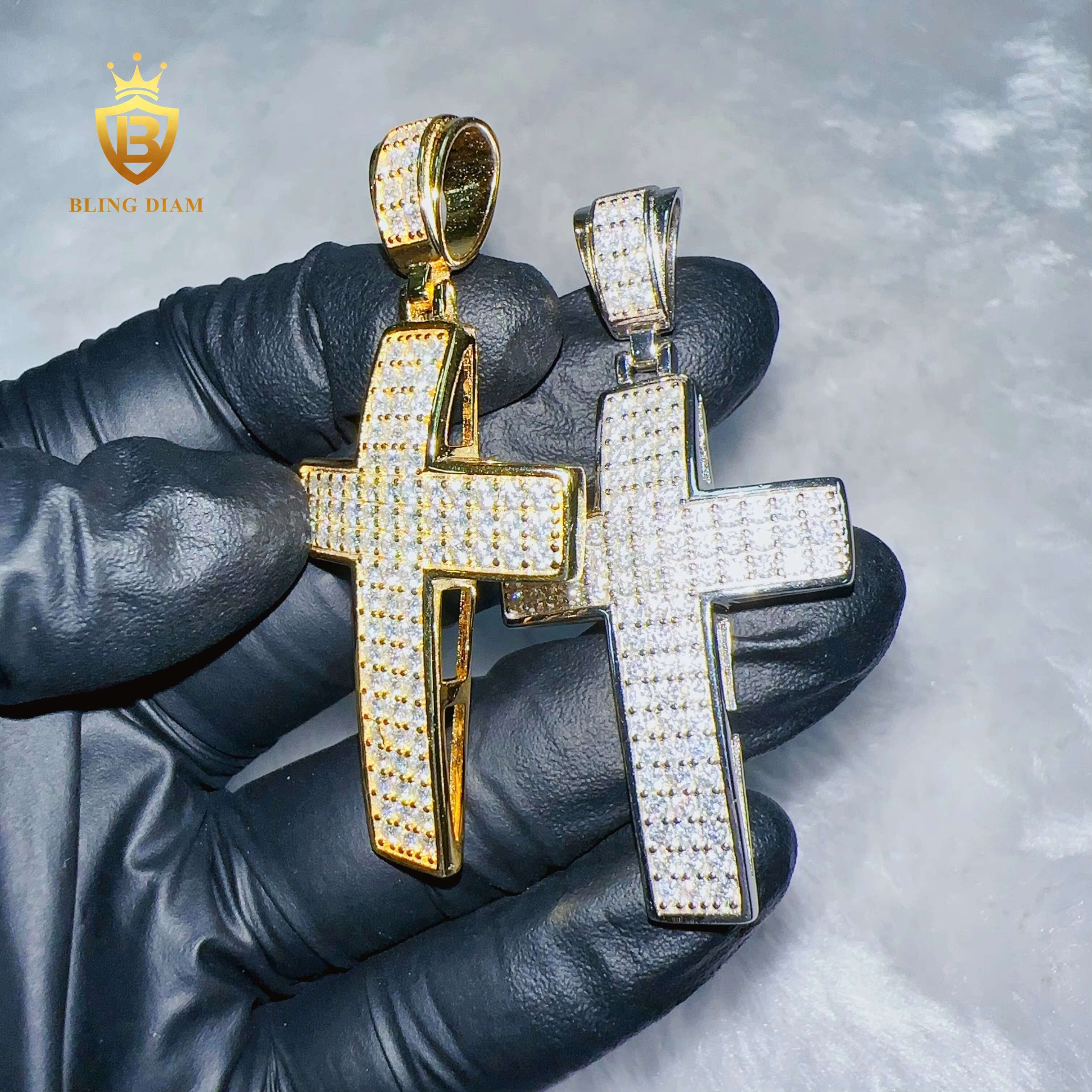 Blingdiam Custom Hip Hop Jewelry VVS Moissanite Cross Pendant 925 Sterling Silver Charm Necklace for Women Men