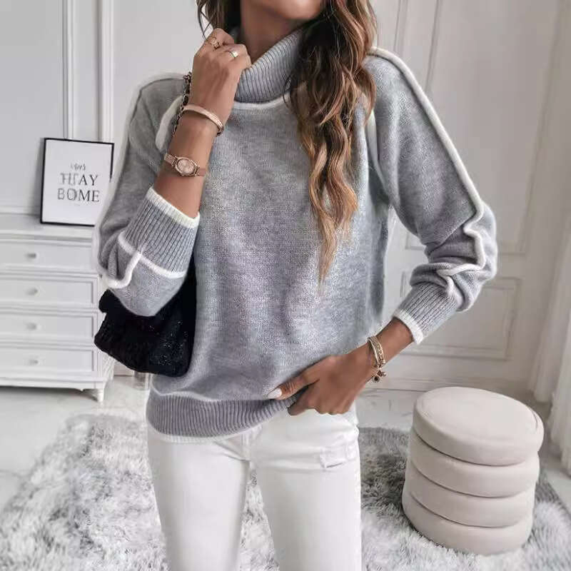 Cross-Border Autumn Winter Knitted Women's Pullover Long Sleeve Turtleneck Top Solid Color Loose Casual Versatile Sweater