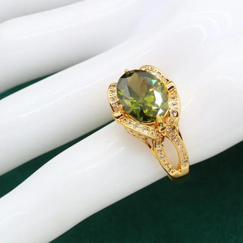 Geometric Wedding Gold Color Jewelry Set for Women Olive Green Zircon Bracelet Earrings Necklace Pendant Ring Gift 250409