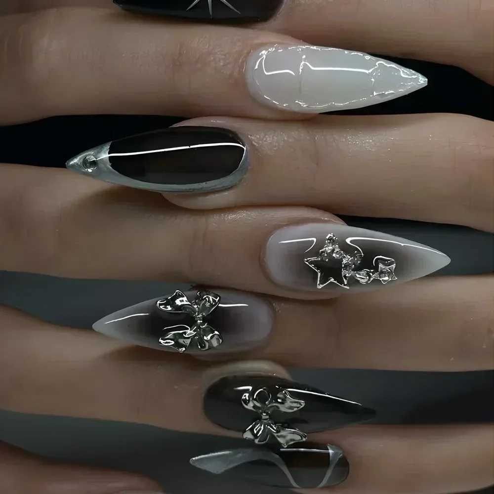 24Pcs Y2k Almond Acrylic Nail Set 3D Diamond Black Nail Art Sweet Cool French Wearable Fake Nail Handicraft Skills W250410