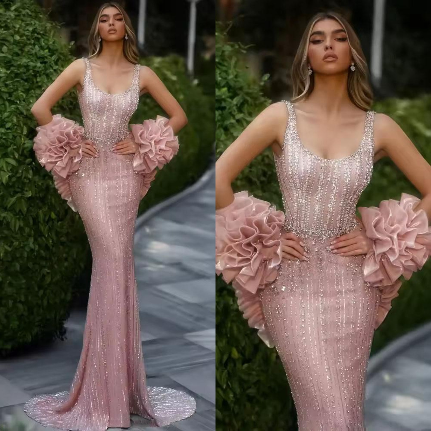 Luxury Evening Dresses For Women Crystal Sequins Gown Jewel Neck Sleeveless Jacket Sweep Train Dress Party Custom Made