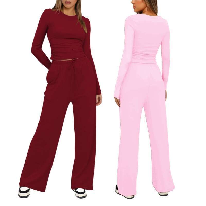 Hot-Selling Kardashian Solid Color Comfortable Wide-Leg Casual Pants Fashion Tie Suit Long Sleeve
