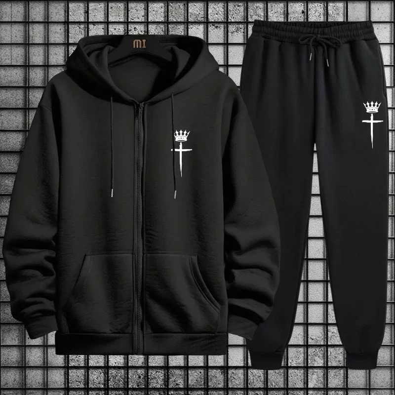 Autumn Winter Casual Sportswear Cross Crown Print Men 2 Piece Set Zipper Hoodie and Sweatpants Urban Streetwear Tracksuit Outfit W251110