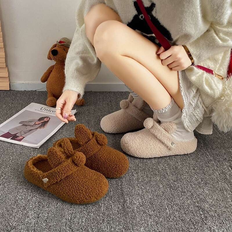 Soft Cute Bunny Closed-Toe Furry for Women, Outdoor Wear, 2025 New Autumn Winter Versatile Two-Way Plush Cotton Slippers
