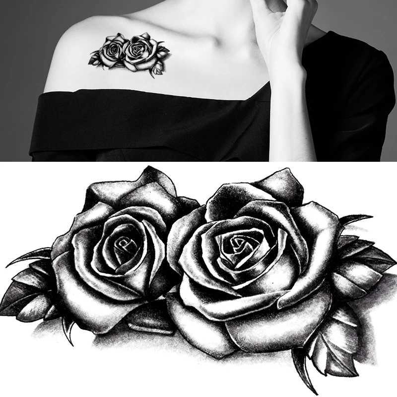 Waterproof Double Rose Temporary Tattoo Sticker Paper Flower Rose Sparkling Sexy Fake Black Rose Tattoo Body Art Arm Fake Sleeve Tattoo W250410