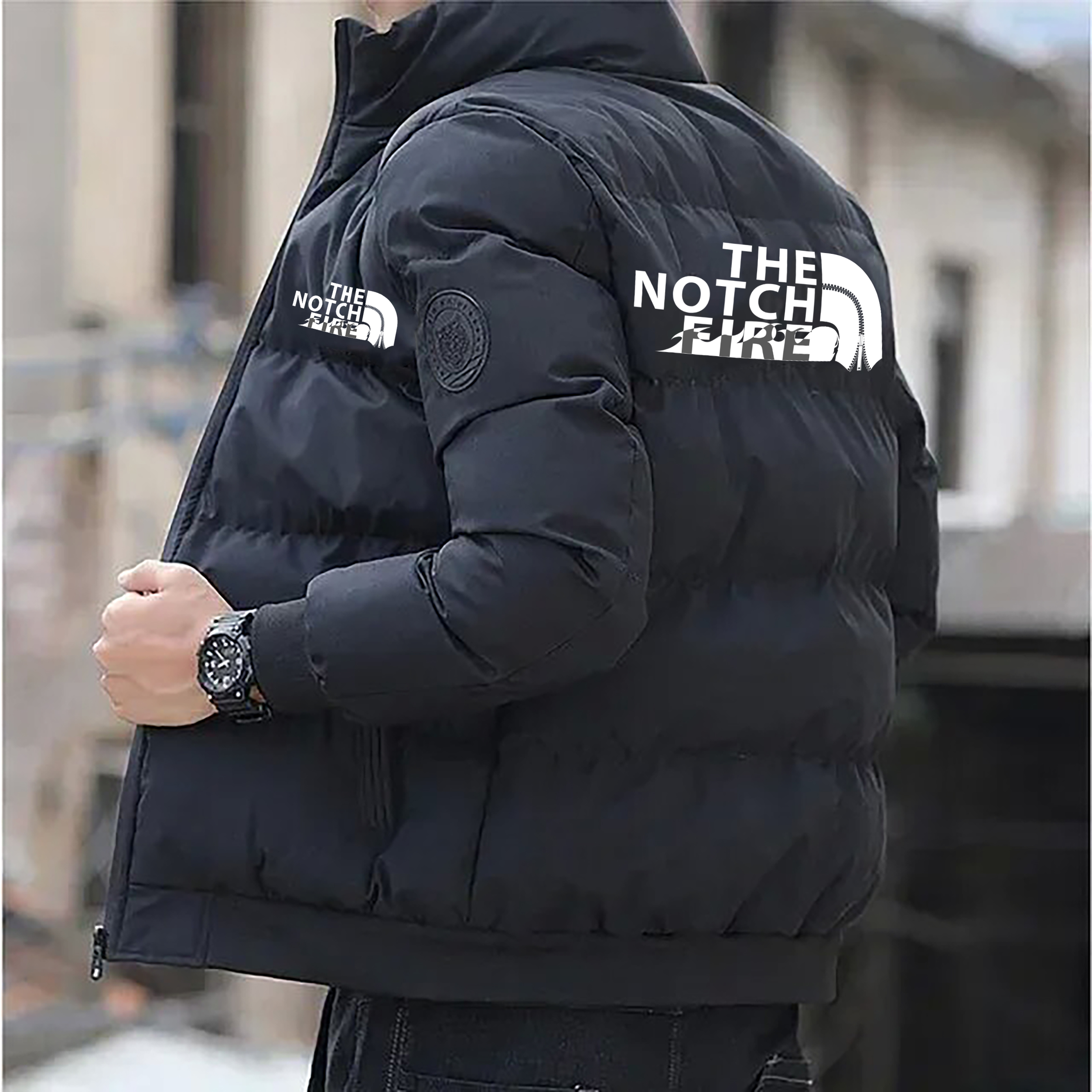 Men's casual thick cotton jacket with printed collar and stand-up collar style outerwear