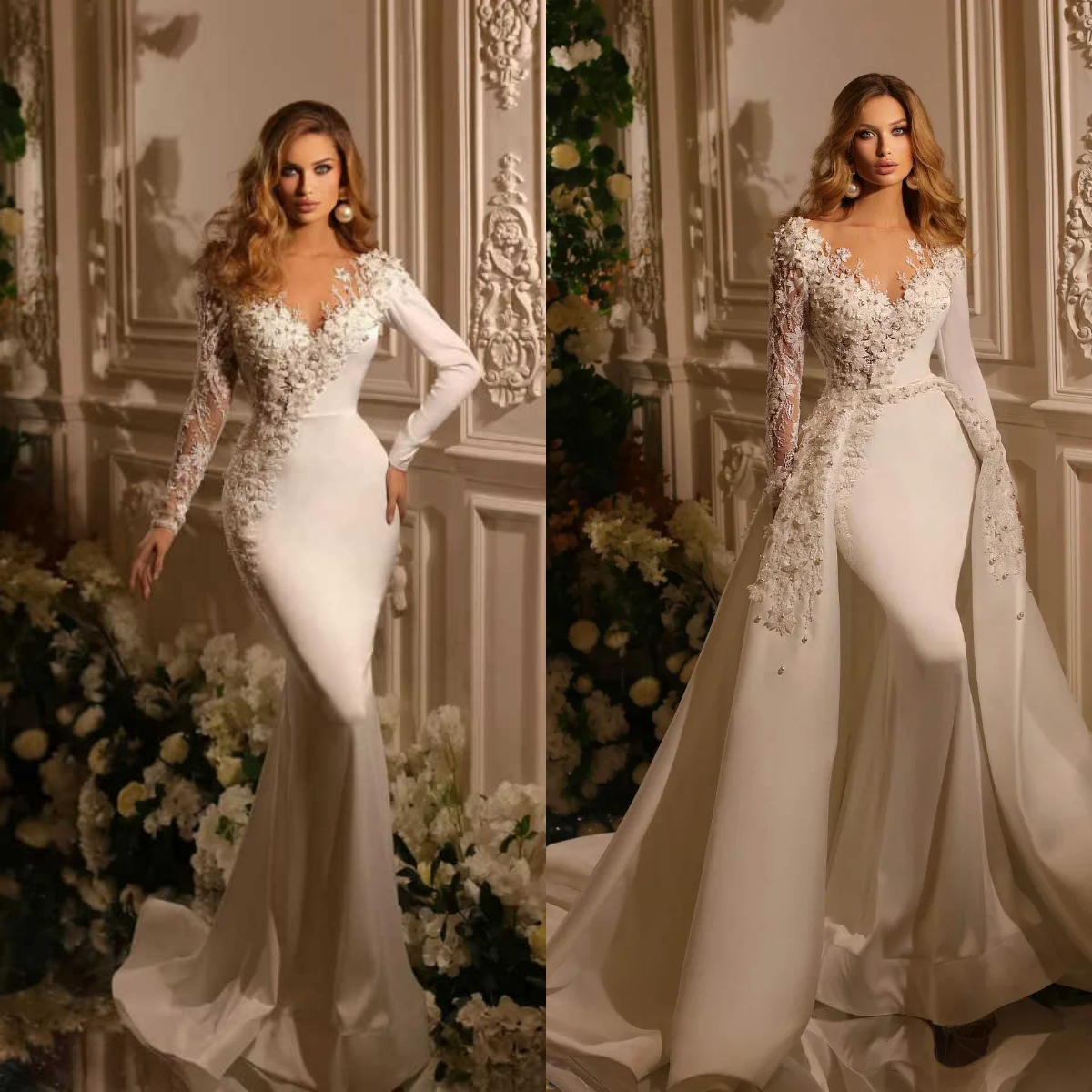 Gorgeous Mermaid Wedding Dresses Long Sleeve V Neck Bridal Gowns Detachable Train Appliques Beadeds Engagement Party Custom Made
