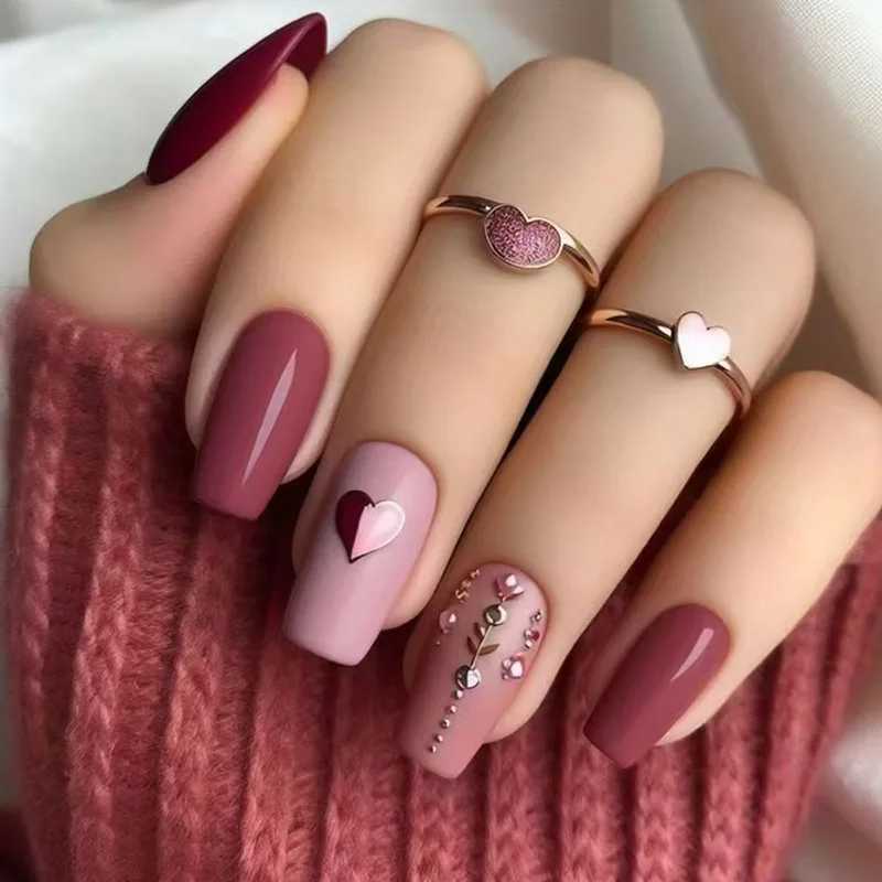 24pcs Medium length Ballet Fake Nail Red Love Pattern Design Pressed on Nails Simple Wearable Completed Coffin Fake Nail Tip W250410