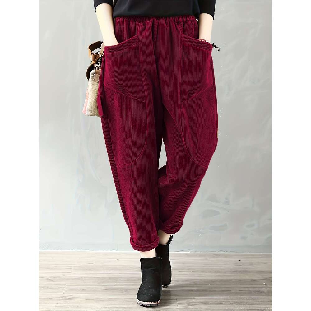 2023 TEMU Hot-Selling Autumn Winter Elastic Waist Plus Size Fashion Corduroy Loose Outer Pants for Women