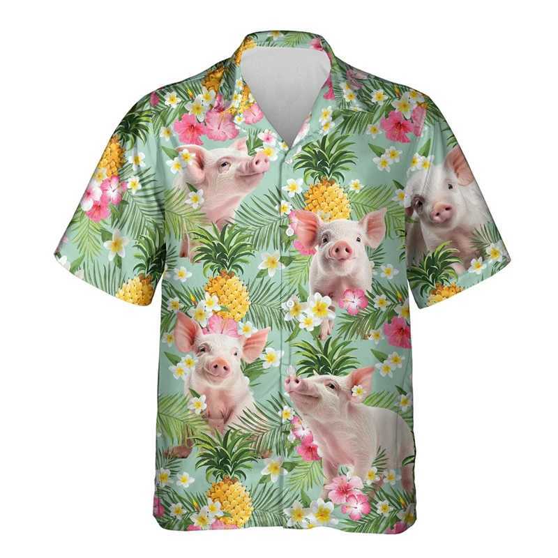 Interesting mens shirts animal pigs 3D printed beach cute pet graphic shirts mens clothing casual Hawaiian surfing short sleeves X250410
