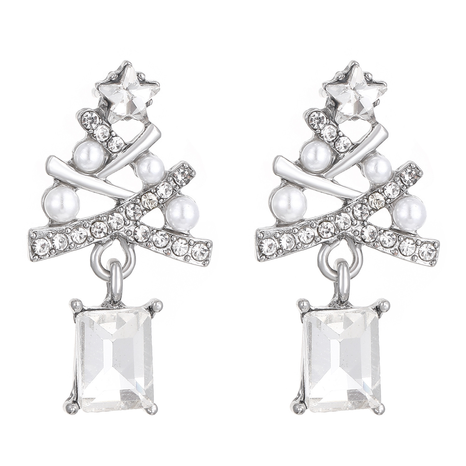 Dia-encrusted Imitation Pearl Christmas Tree Stud Women's Party Earrings