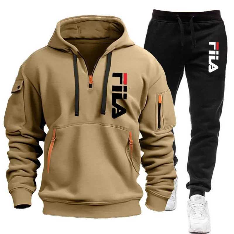 Autumn and Winter 2025 new mens hooded sweatshirt pants two-piece set outdoor multi-pocket mens pullover sportswear set W251110