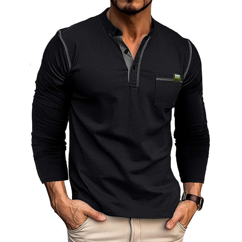 2024 Cross-Border European and American Men's Export Long Sleeve Henry Shirt Amazon Color Block Knitted T-Shirt Men Wholesale