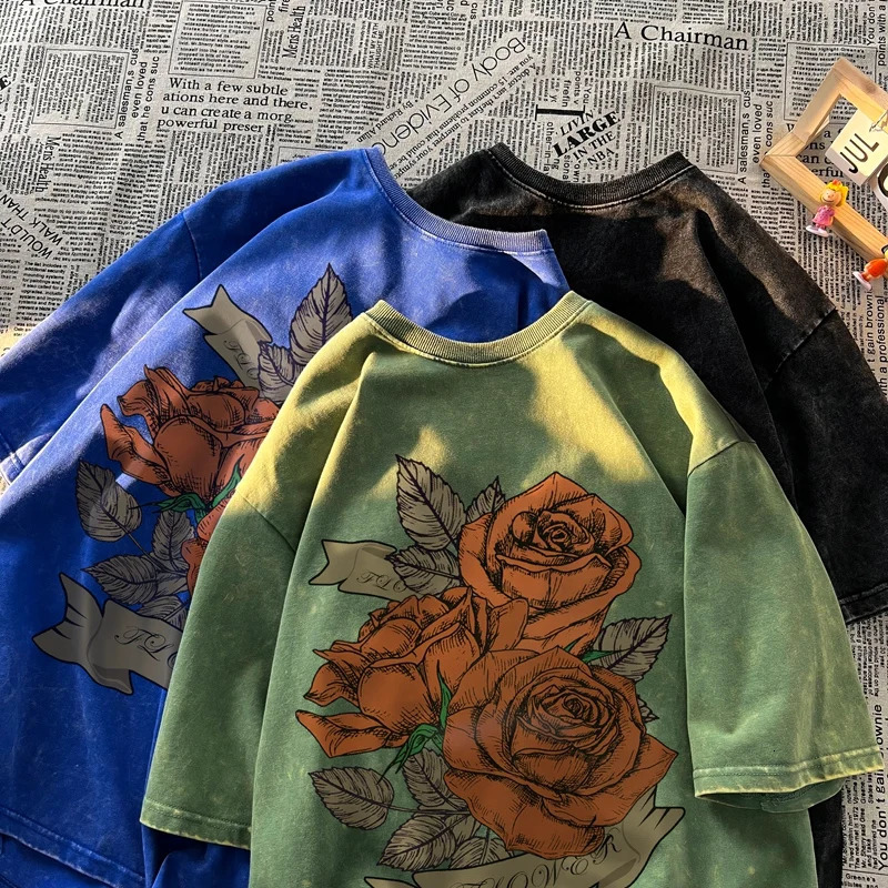 French Style Romantic Rose Street Women Print T-shirt Vintage Art Plus Size Trendy Tops Streetwear Fashion Clothes Y2k 250409