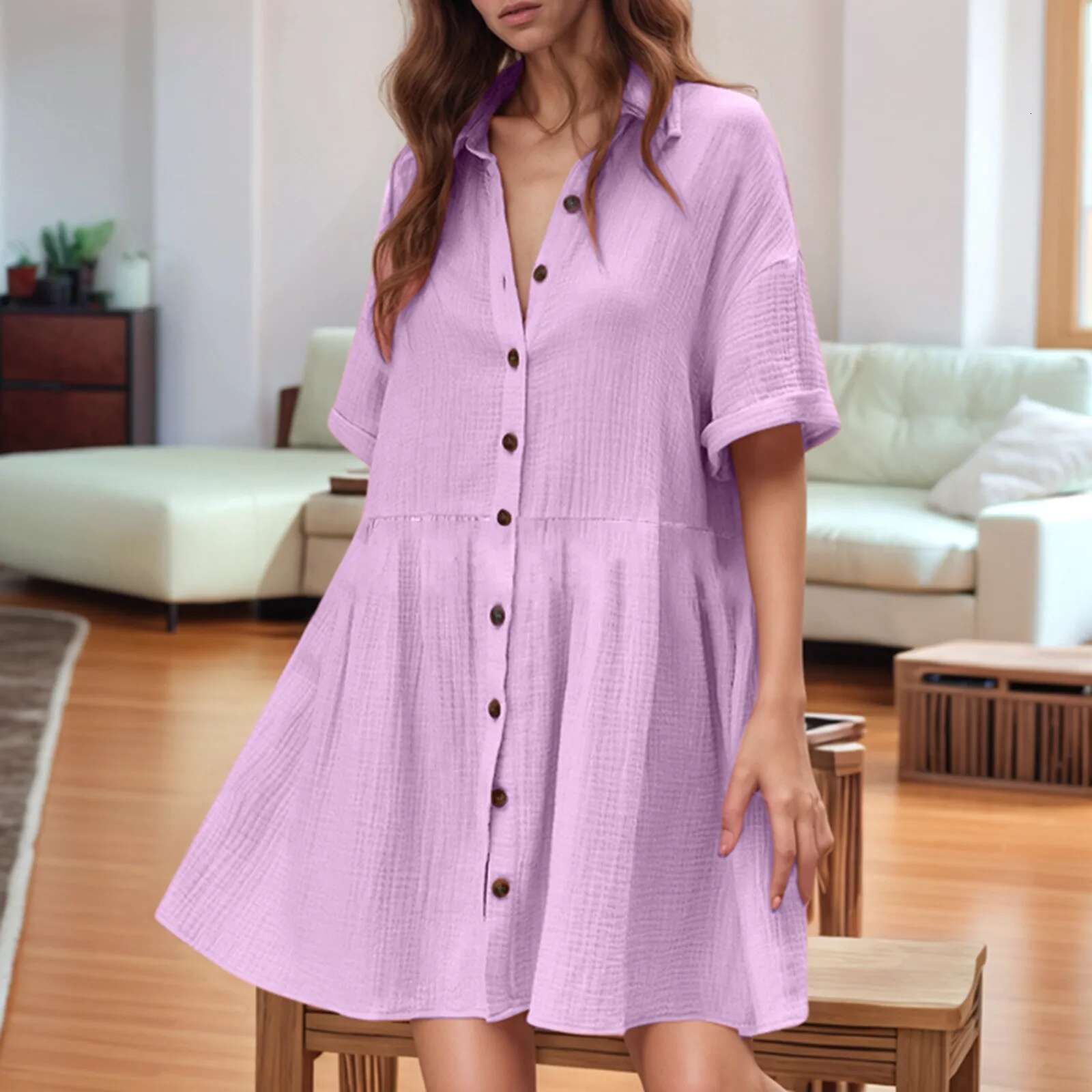 Dongdumaoyi Women S Solid Color Shirt Collar Short Sleeved Cardigan Button Dress Sundress Summer Midi Dresses For