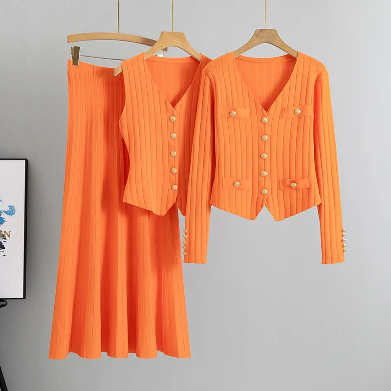 Women Three Piece Sets Kintted Vest Pleated Skirt Spring Autumn Cardigan Top High Waist Elegant Suit 251110