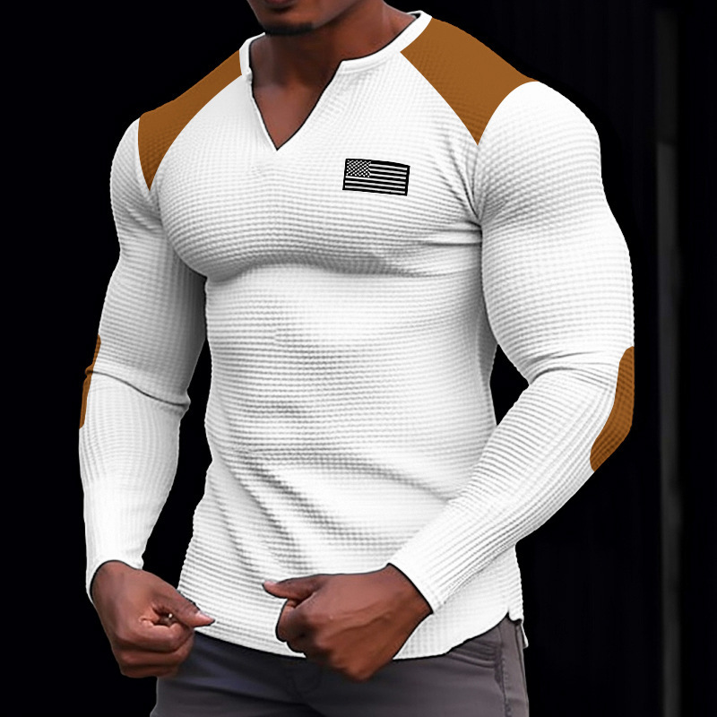 Spring and Autumn Mens Waffle V-neck T-shirt Top Holiday Long Sleeve Casual Fashion