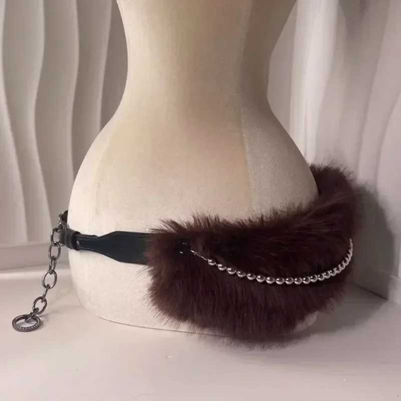 Vintage faux fur belt Y2K metal bead chain plush waist chain fur sexy denim belt punk belt jeans nightclub X250410