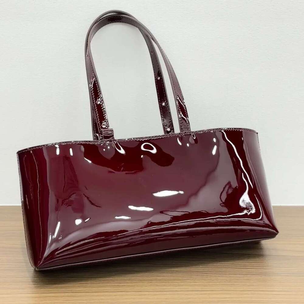 FIRMRANCH Simple Horizontal Square Design Urious Bright Patent Cowhide Leather Wine Red Women's Handbag Shoulder Underarm Bag