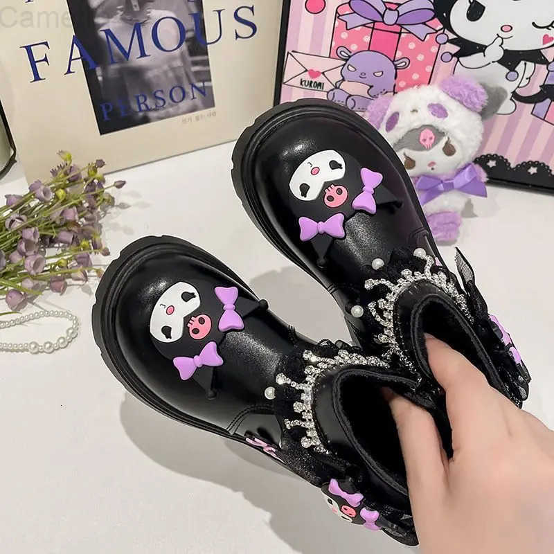 Sanrio Kid Princess Shoes Cute Kuromi Soft Sole Girls Leather Boots Non-Slip Autumn Winter New Children Short Boots Cotton Shoes H251110