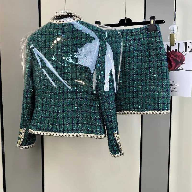 Women Elegant Vintage Tweed Fragrant Suit Jacke Coat Top And Skirt Two Piece Set Green Outfit Winter Jacquard Party Clothing W251110