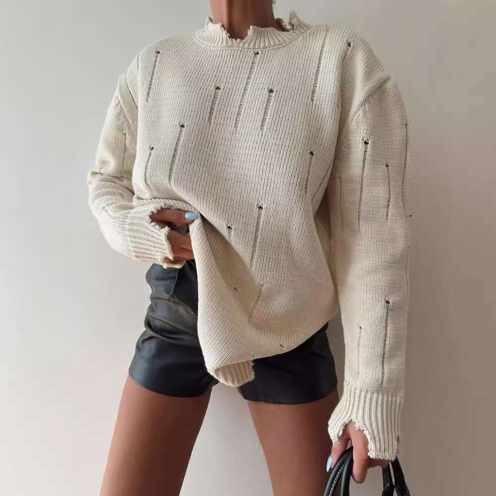 2024 European and American early autumn new loose fitting pullover top women's hand worn round neck sweater
