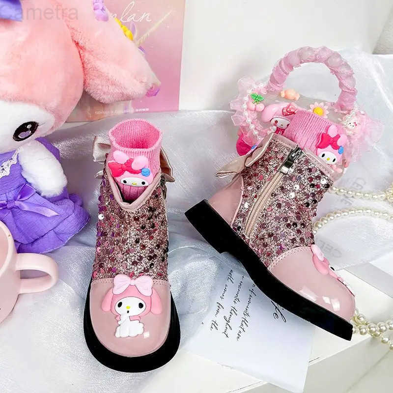 Sanrio Kuromi My Melody Childrens Short Boots Girl Princess Leather Shoes Sequin Baby Autumn Soft Sole Non Slip Casual Shoes H251110