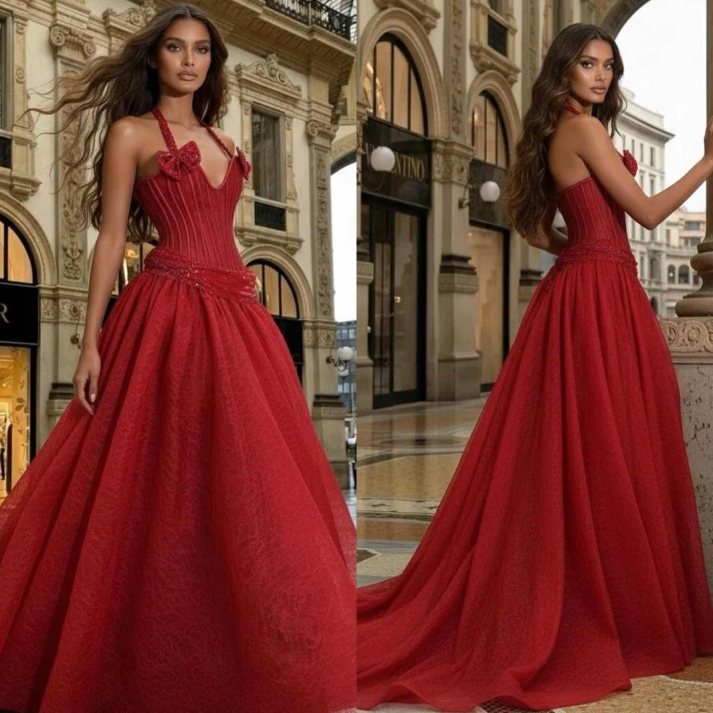 ElegantSatin A-line Party Dresses Red Sequin Spaghetti Strap Backless Floor-Length Prom Dress Women Bride Gown
